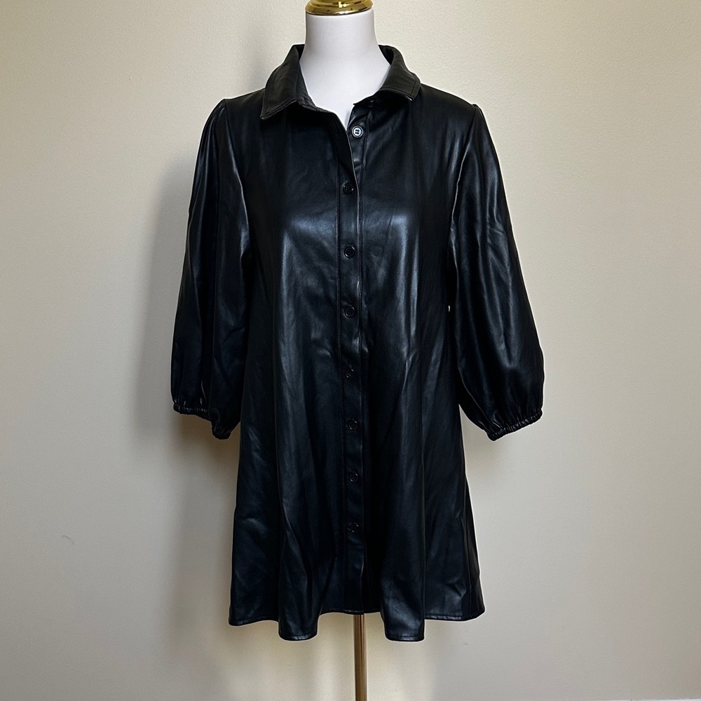 Dolce Cabo Black Faux Leather Mini Dress Button Front Shirt Dress Size M